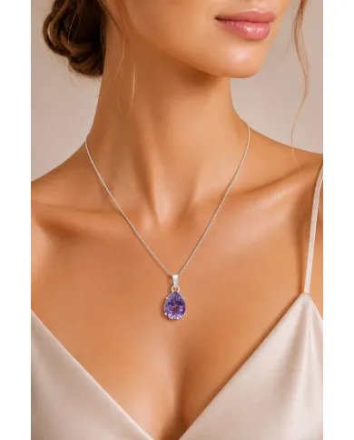 Natural Pear-Cut Amethyst Pendant in 925 Sterling Silver Jewelry