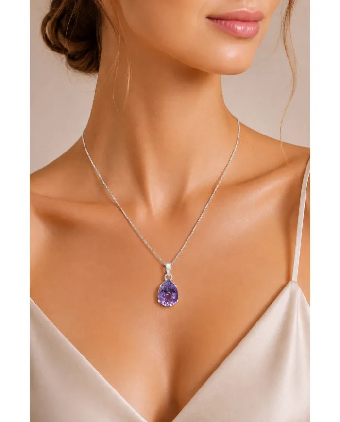 Natural Pear-Cut Amethyst Pendant in 925 Sterling Silver Jewelry