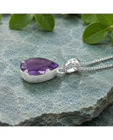 Natural Pear-Cut Amethyst Pendant in 925 Sterling Silver Jewelry