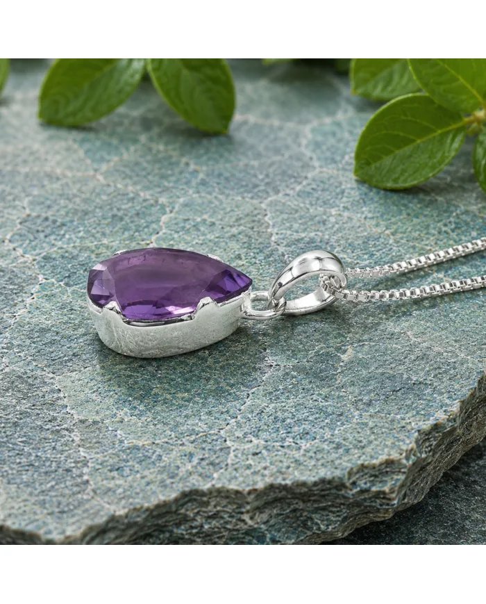 Natural Pear-Cut Amethyst Pendant in 925 Sterling Silver Jewelry