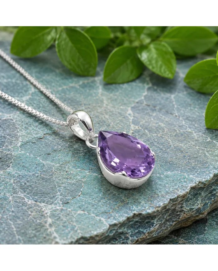 Natural Pear-Cut Amethyst Pendant in 925 Sterling Silver Jewelry