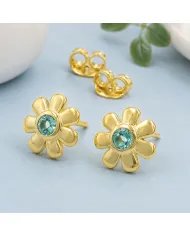 Emerald Flower Stud Earrings in Gold Plated 925 Sterling Silver
