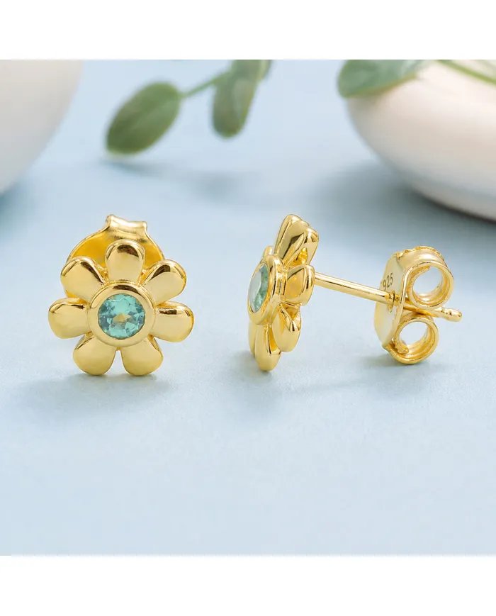 Emerald Flower Stud Earrings in Gold Plated 925 Sterling Silver