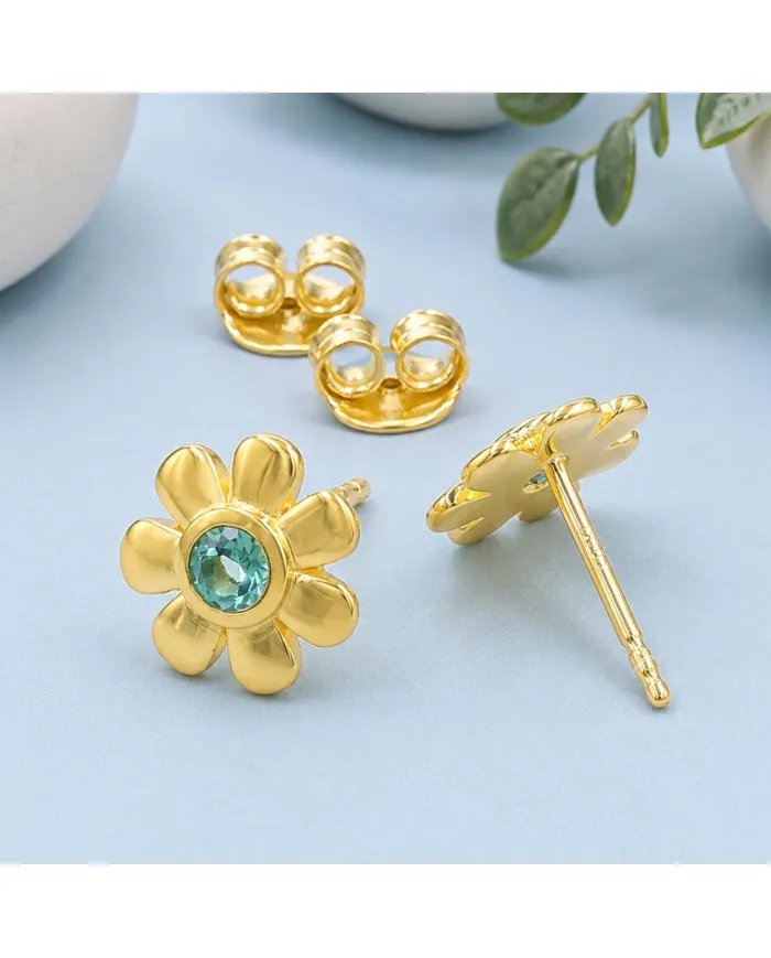 Emerald Flower Stud Earrings in Gold Plated 925 Sterling Silver