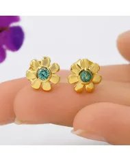 Emerald Flower Stud Earrings in Gold Plated 925 Sterling Silver