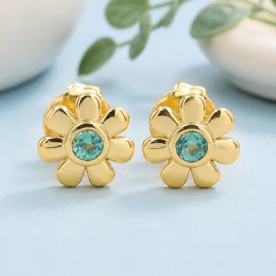 Emerald Flower Stud Earrings in Gold Plated 925 Sterling Silver