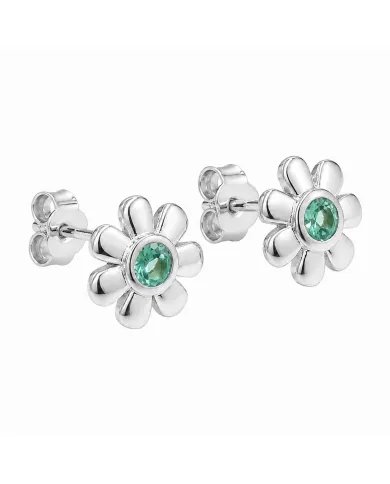 Emerald Flower Stud Earrings - 925 Sterling Silver Handmade Minimalist