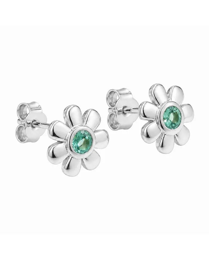 Emerald Flower Stud Earrings - 925 Sterling Silver Handmade Minimalist