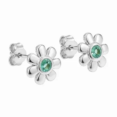 Emerald Flower Stud Earrings - 925 Sterling Silver Handmade Minimalist