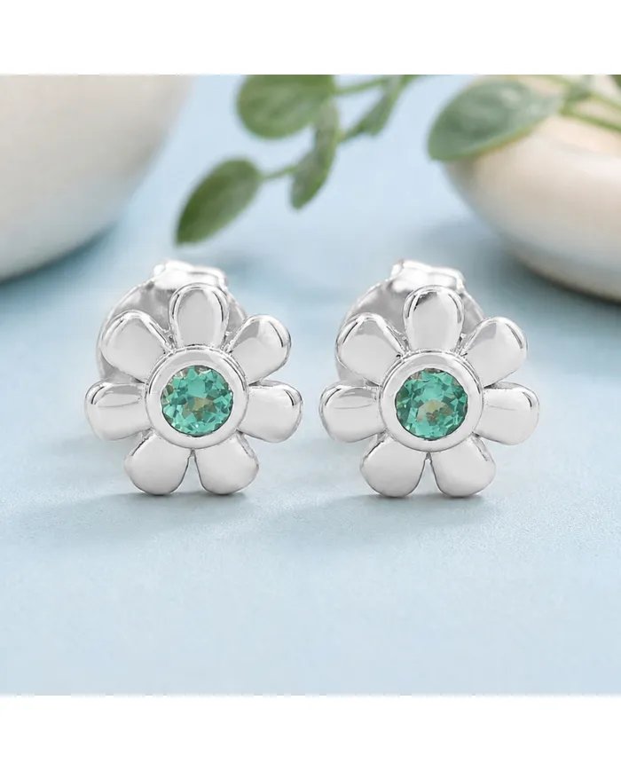 Emerald Flower Stud Earrings - 925 Sterling Silver Handmade Minimalist