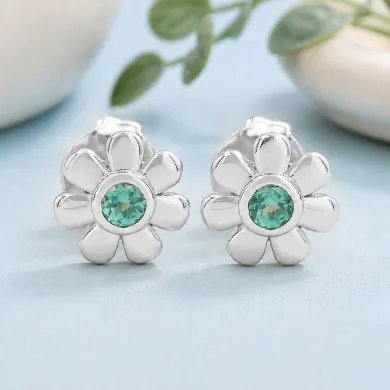 Emerald Flower Stud Earrings - 925 Sterling Silver Handmade Minimalist