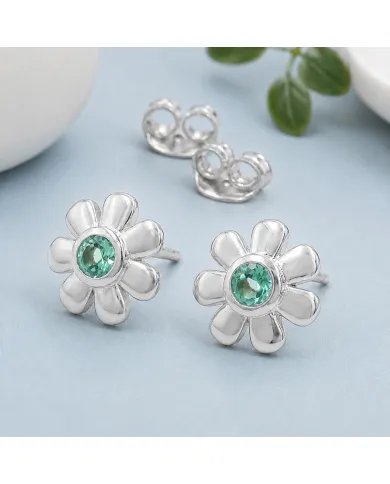 Emerald Flower Stud Earrings - 925 Sterling Silver Handmade Minimalist