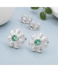 Emerald Flower Stud Earrings - 925 Sterling Silver Handmade Minimalist