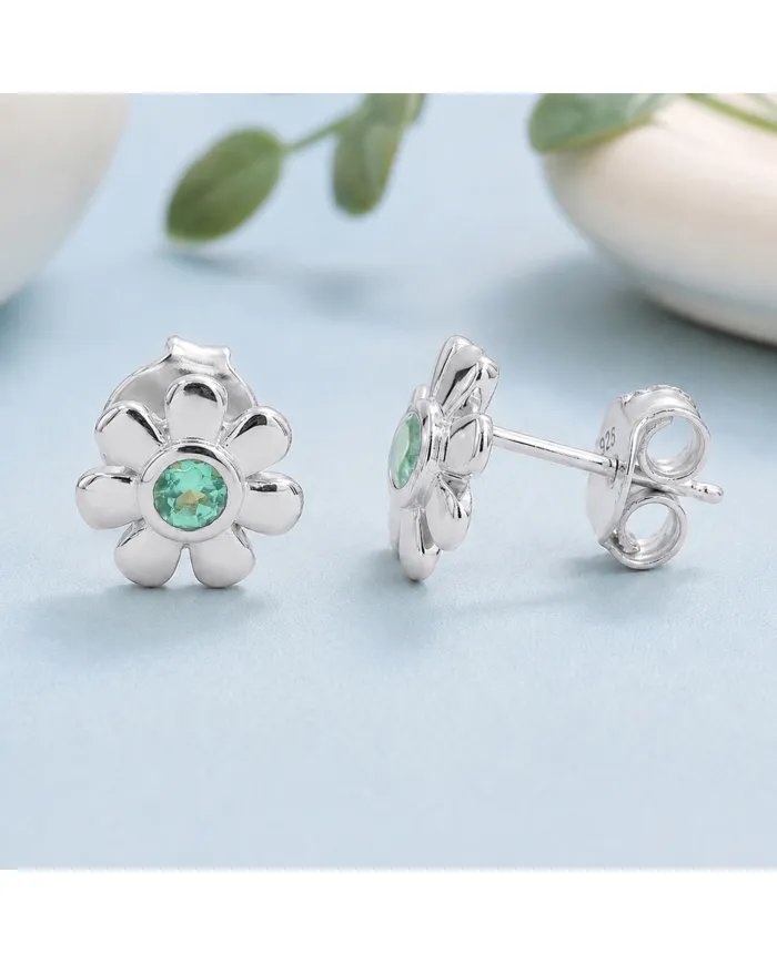 Emerald Flower Stud Earrings - 925 Sterling Silver Handmade Minimalist