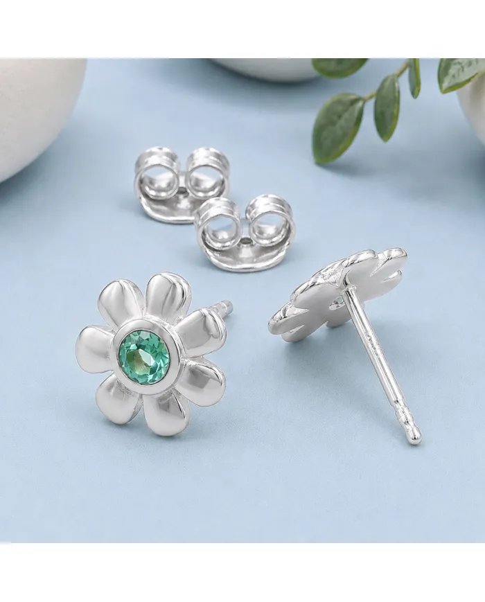 Emerald Flower Stud Earrings - 925 Sterling Silver Handmade Minimalist