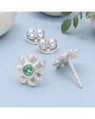 Emerald Flower Stud Earrings - 925 Sterling Silver Handmade Minimalist