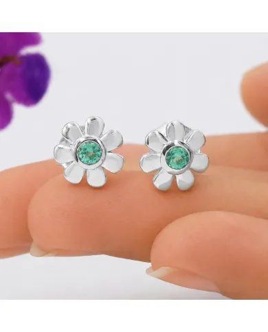 Emerald Flower Stud Earrings - 925 Sterling Silver Handmade Minimalist