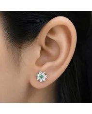 Emerald Flower Stud Earrings - 925 Sterling Silver Handmade Minimalist