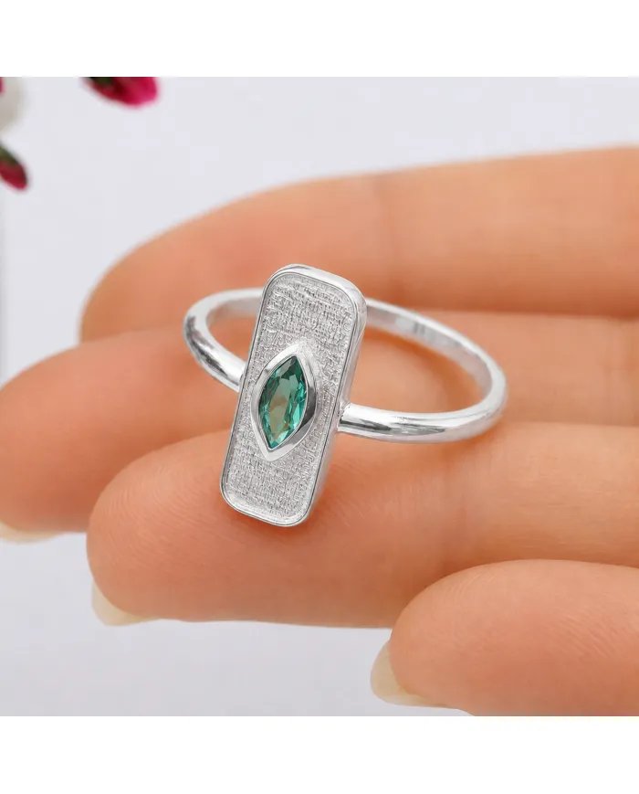 Marquise Cut Emerald Ring - 925 Sterling Silver Unique Fine Jewelry