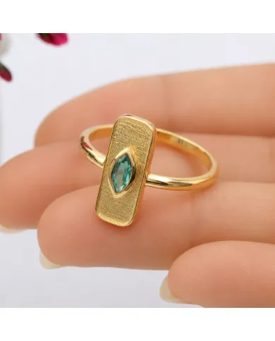 Gold Plated Marquise Cut Emerald Ring - 925 Sterling Silver Jewelry