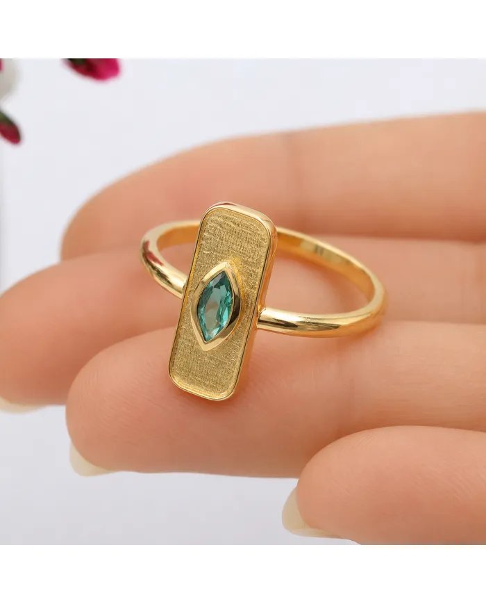 Gold Plated Marquise Cut Emerald Ring - 925 Sterling Silver Jewelry