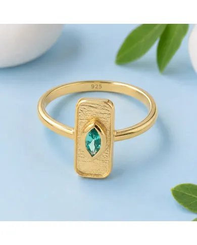 Gold Plated Marquise Cut Emerald Ring - 925 Sterling Silver Jewelry