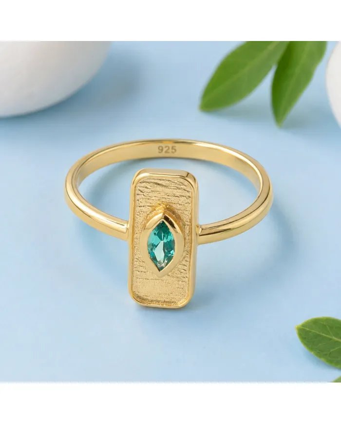 Gold Plated Marquise Cut Emerald Ring - 925 Sterling Silver Jewelry
