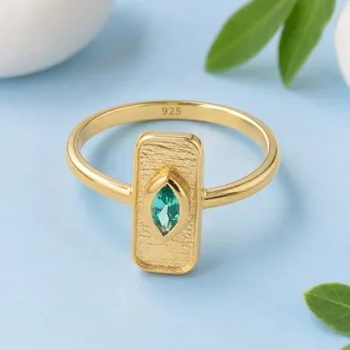 Gold Plated Marquise Cut Emerald Ring - 925 Sterling Silver Jewelry