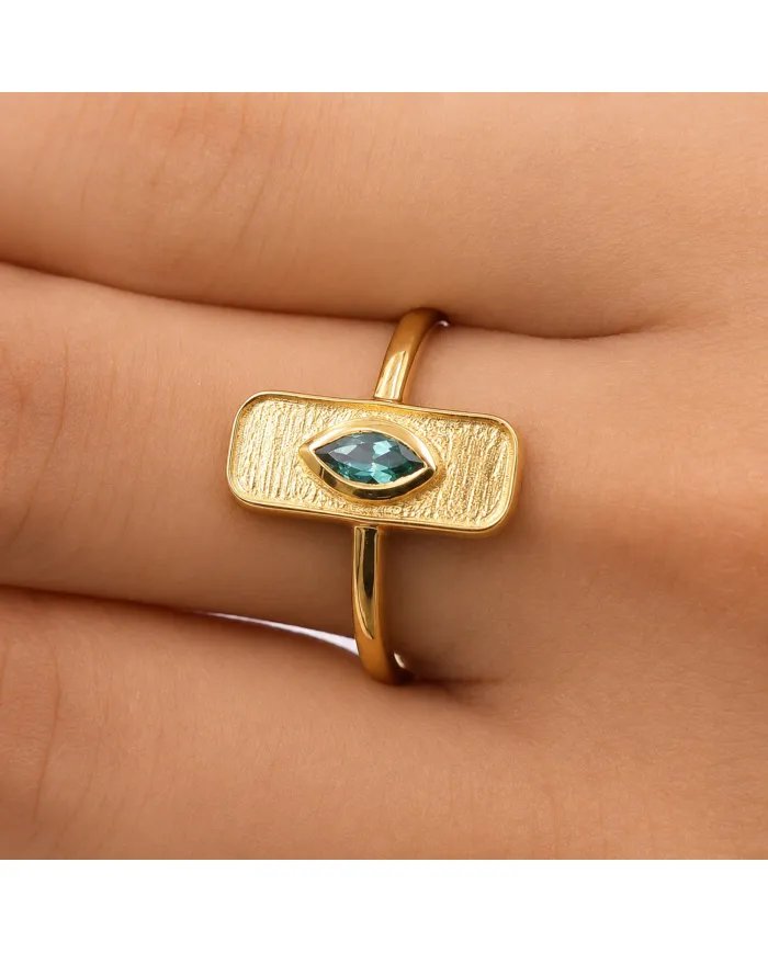 Gold Plated Marquise Cut Emerald Ring - 925 Sterling Silver Jewelry