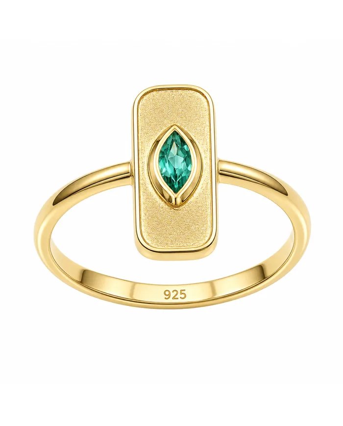 Gold Plated Marquise Cut Emerald Ring - 925 Sterling Silver Jewelry