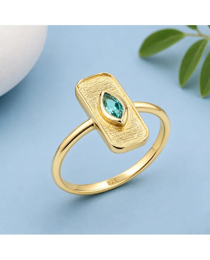 Gold Plated Marquise Cut Emerald Ring - 925 Sterling Silver Jewelry