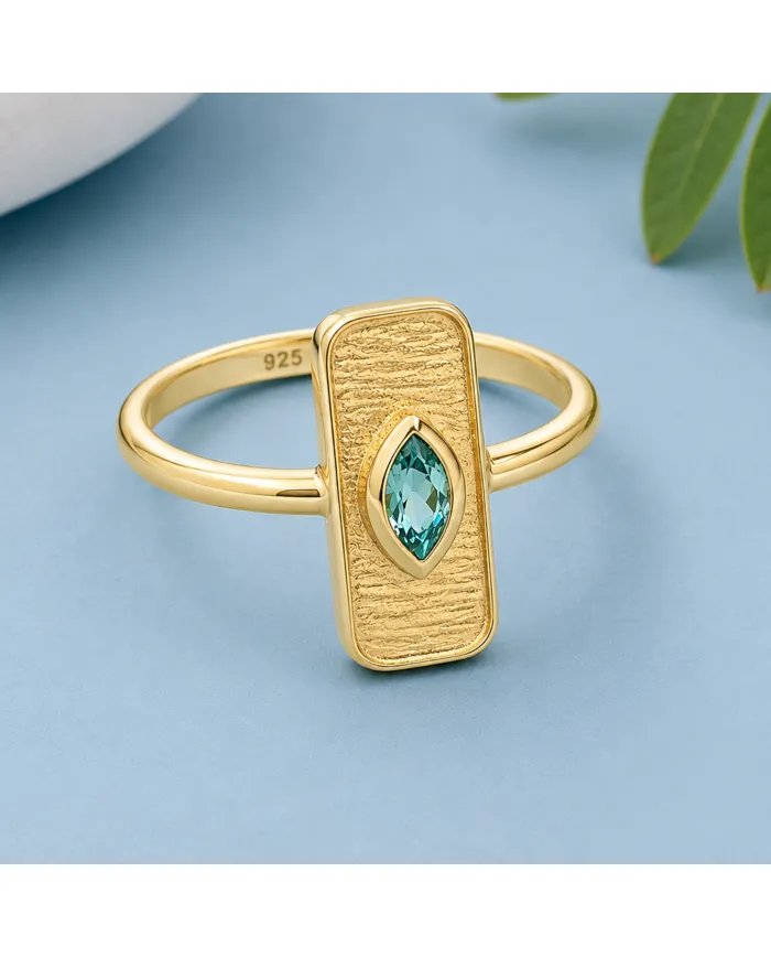 Gold Plated Marquise Cut Emerald Ring - 925 Sterling Silver Jewelry