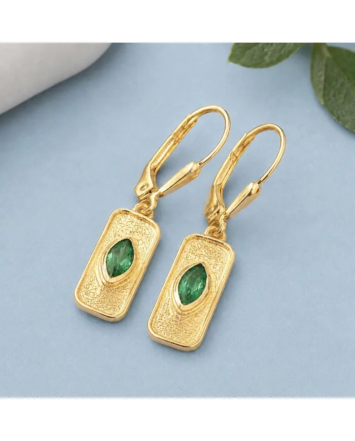 Gold Plated Emerald Marquise Cut Earrings in 925 Sterling Silver