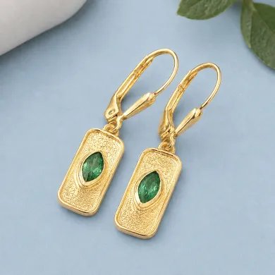 Gold Plated Emerald Marquise Cut Earrings in 925 Sterling Silver