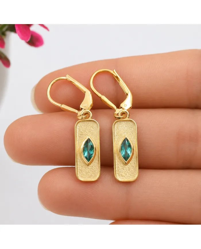 Gold Plated Emerald Marquise Cut Earrings in 925 Sterling Silver