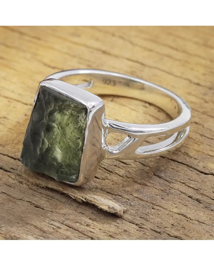Raw Moldavite Ring 925 Sterling Silver - Handmade Gemstone Jewelry