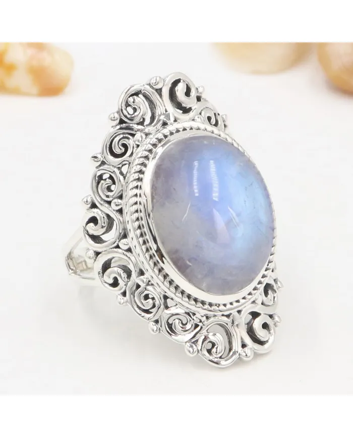Moonstone Ring 925 Sterling Silver Handmade Boho Statement Jewelry
