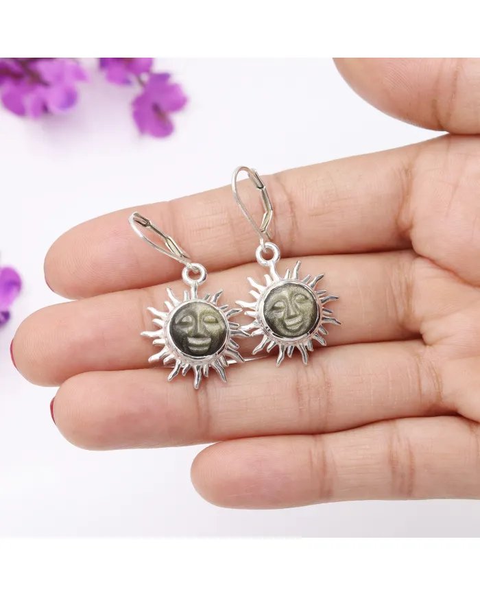 Natural Obsidian Jasper Face Carved Earrings - Sterling Silver Dangle Earrings for Women