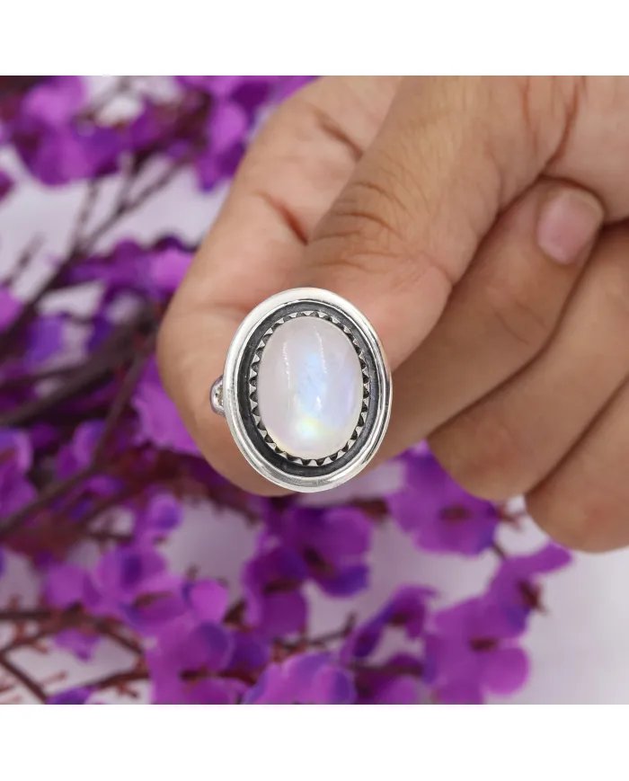 Oval Moonstone Ring in 925 Sterling Silver | Handmade Boho Jewelry