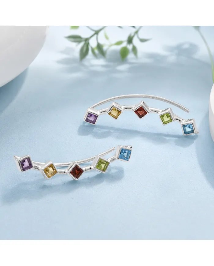 Multi-Gemstone Ear Cuff Earrings 925 Sterling Silver Handmade Climber