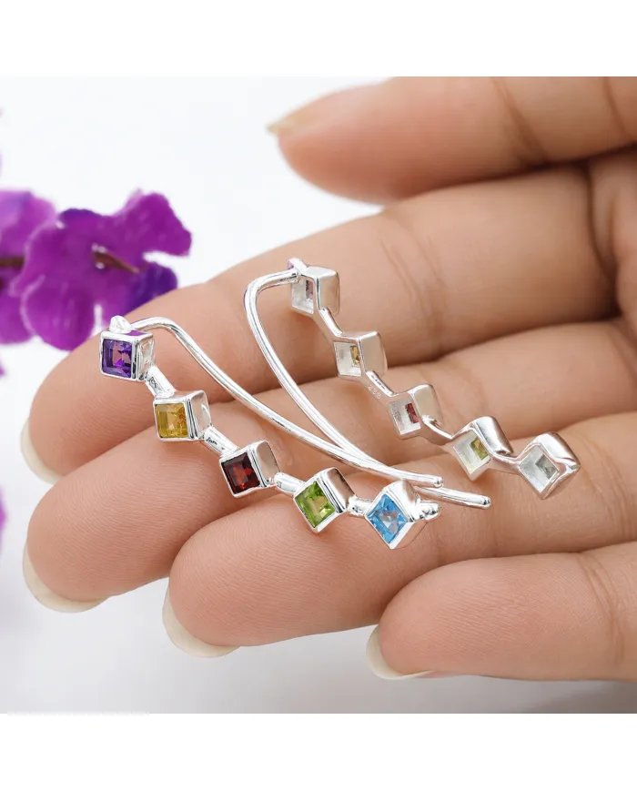 925 Sterling Silver Multi Gemstone Ear Cuff Earrings – Handmade Jewelry