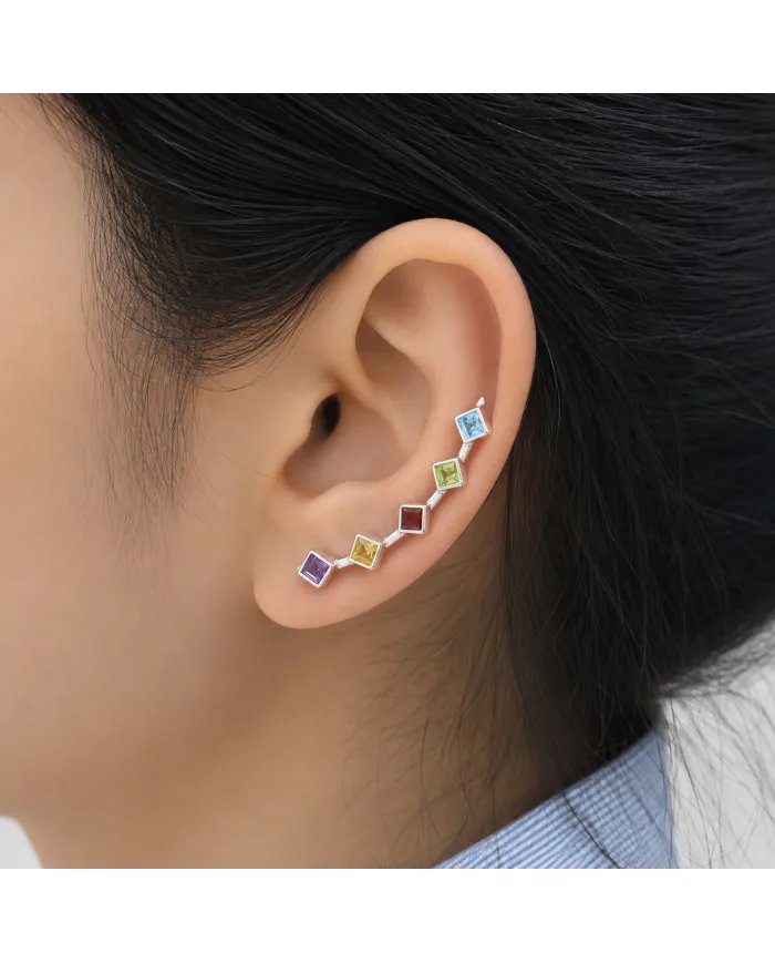 925 Sterling Silver Multi Gemstone Ear Cuff Earrings – Handmade Jewelry