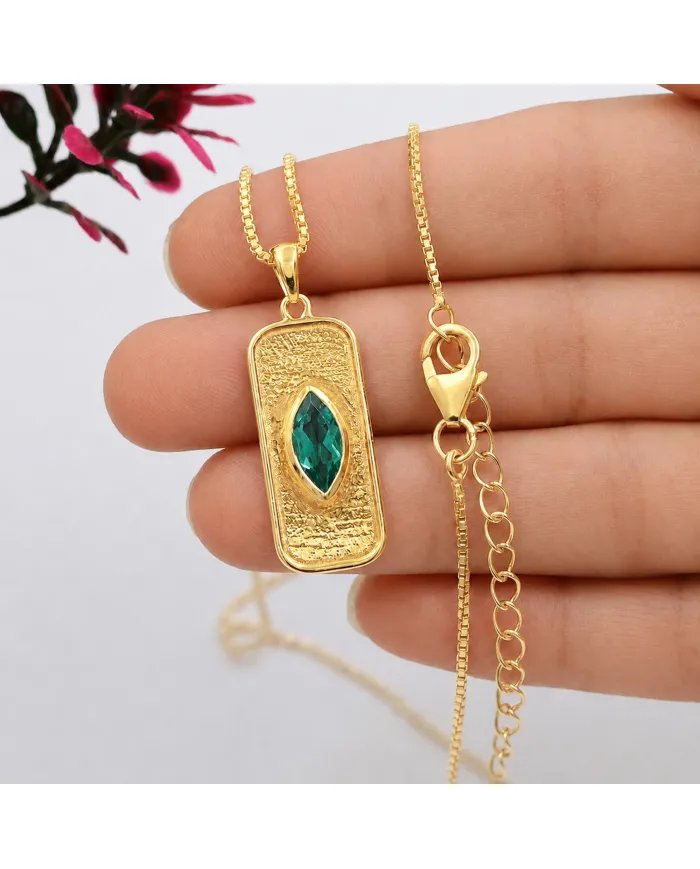18K Gold Plated Green Emerald Marquise Pendant - Handmade Jewelry