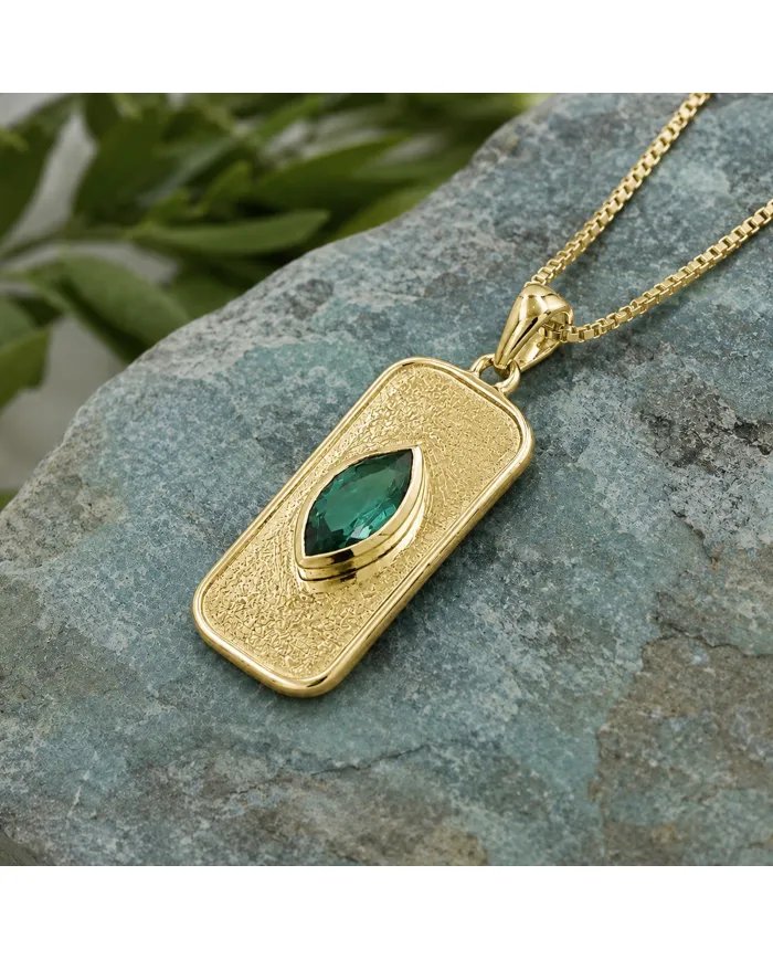 18K Gold Plated Green Emerald Marquise Pendant - Handmade Jewelry