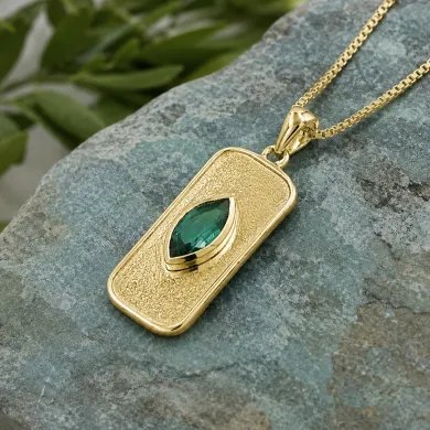 18K Gold Plated Green Emerald Marquise Pendant - Handmade Jewelry
