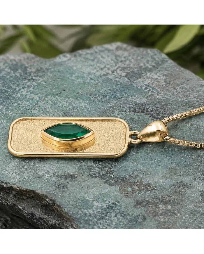 18K Gold Plated Green Emerald Marquise Pendant - Handmade Jewelry