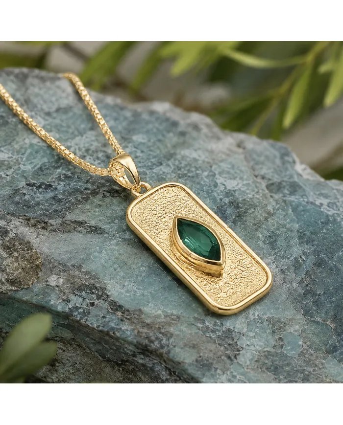 18K Gold Plated Green Emerald Marquise Pendant - Handmade Jewelry