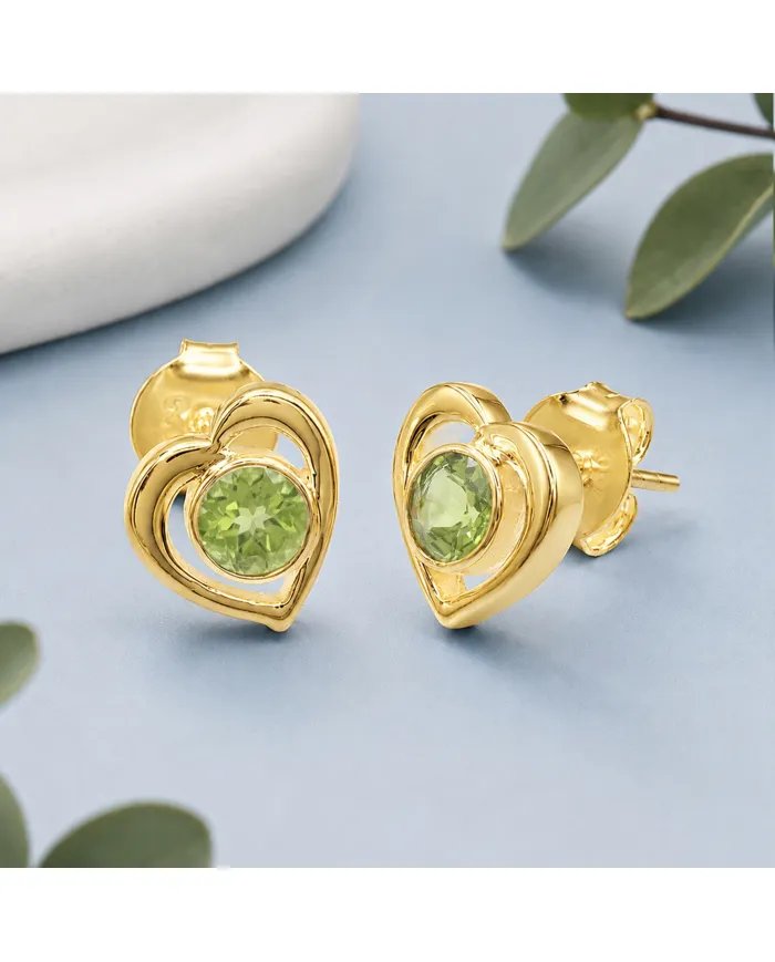 18K Gold Plated Peridot Heart Stud Earrings - Gemstone Jewelry for Her