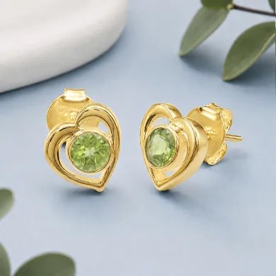 18K Gold Plated Peridot Heart Stud Earrings - Gemstone Jewelry for Her