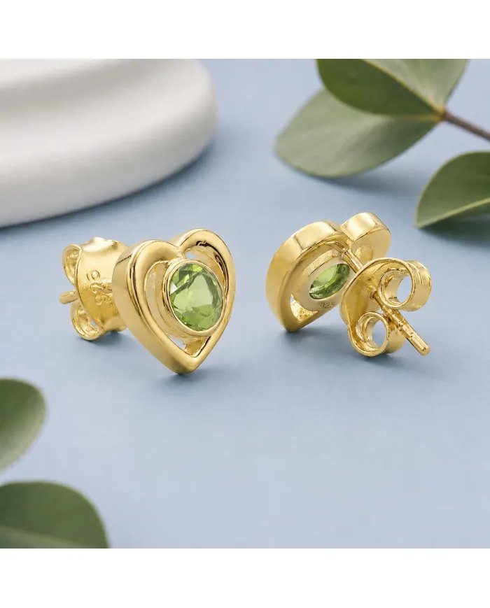 18K Gold Plated Peridot Heart Stud Earrings - Gemstone Jewelry for Her
